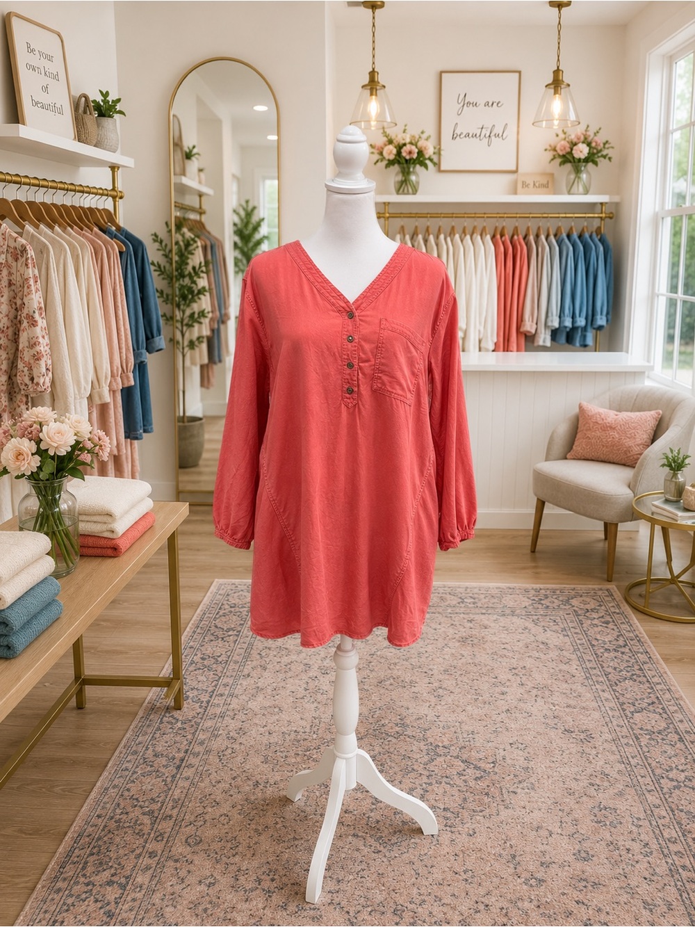 Westbound Women’s Large Terracotta Tencel Roll-Tab Sleeve Tunic Top